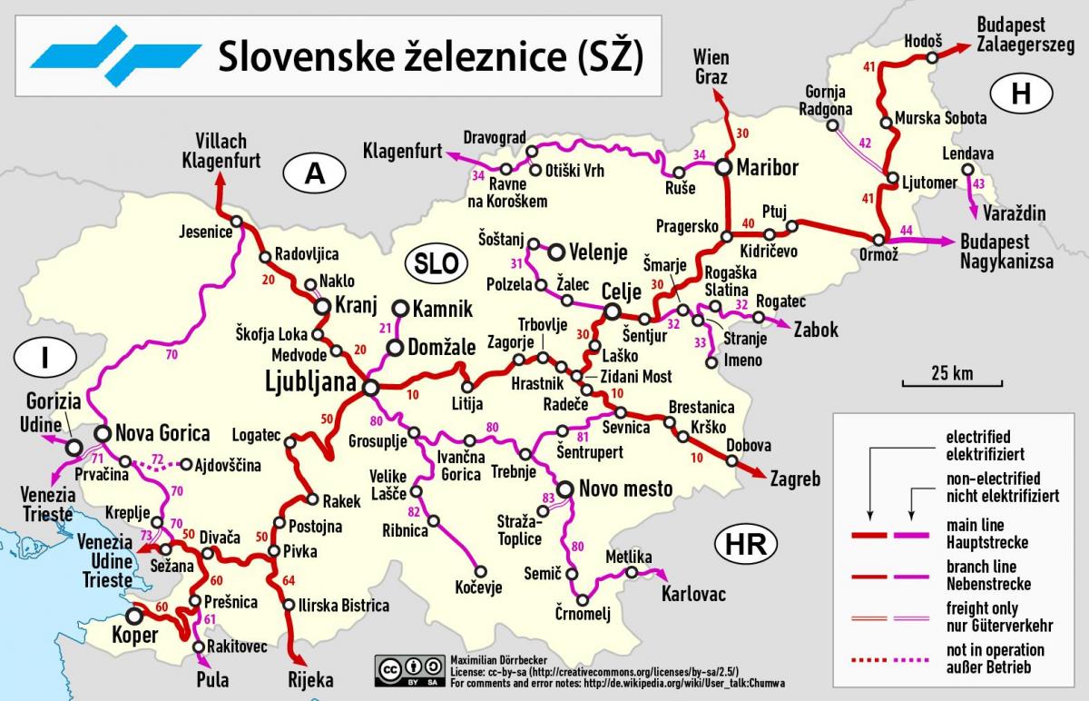 Mapa linii kolejowych Słowenii